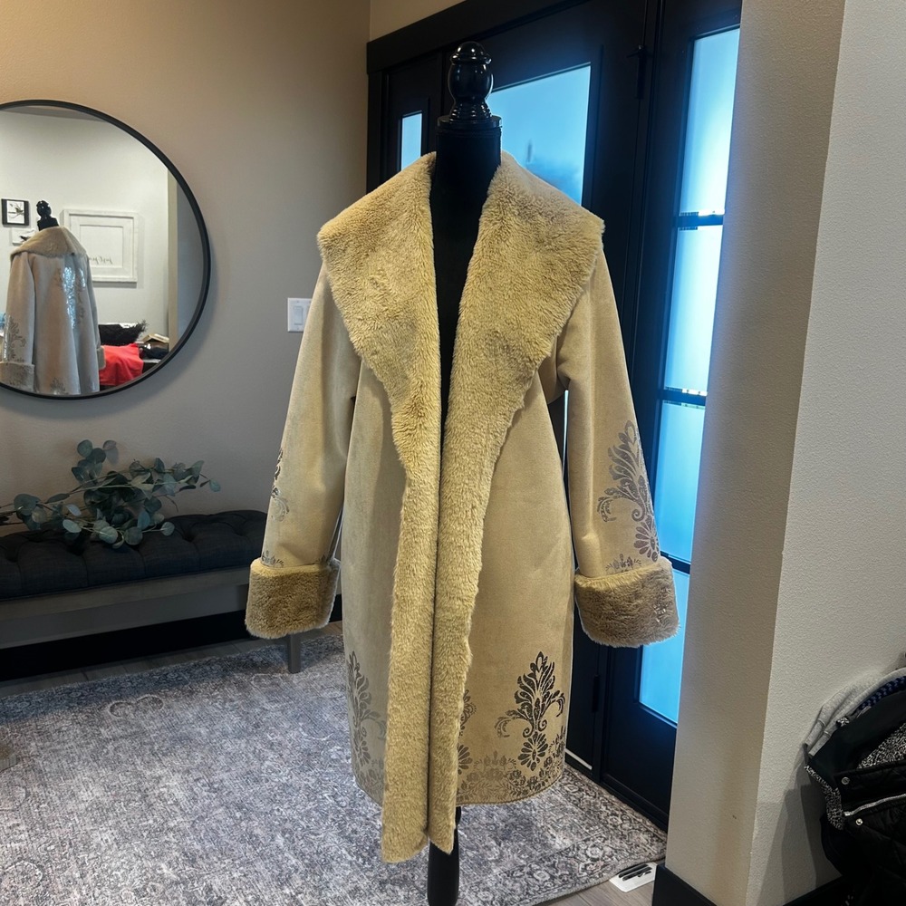 Soft Surroundings Brigitta Coat Embroidered Faux Fur Lined Womens Size XL